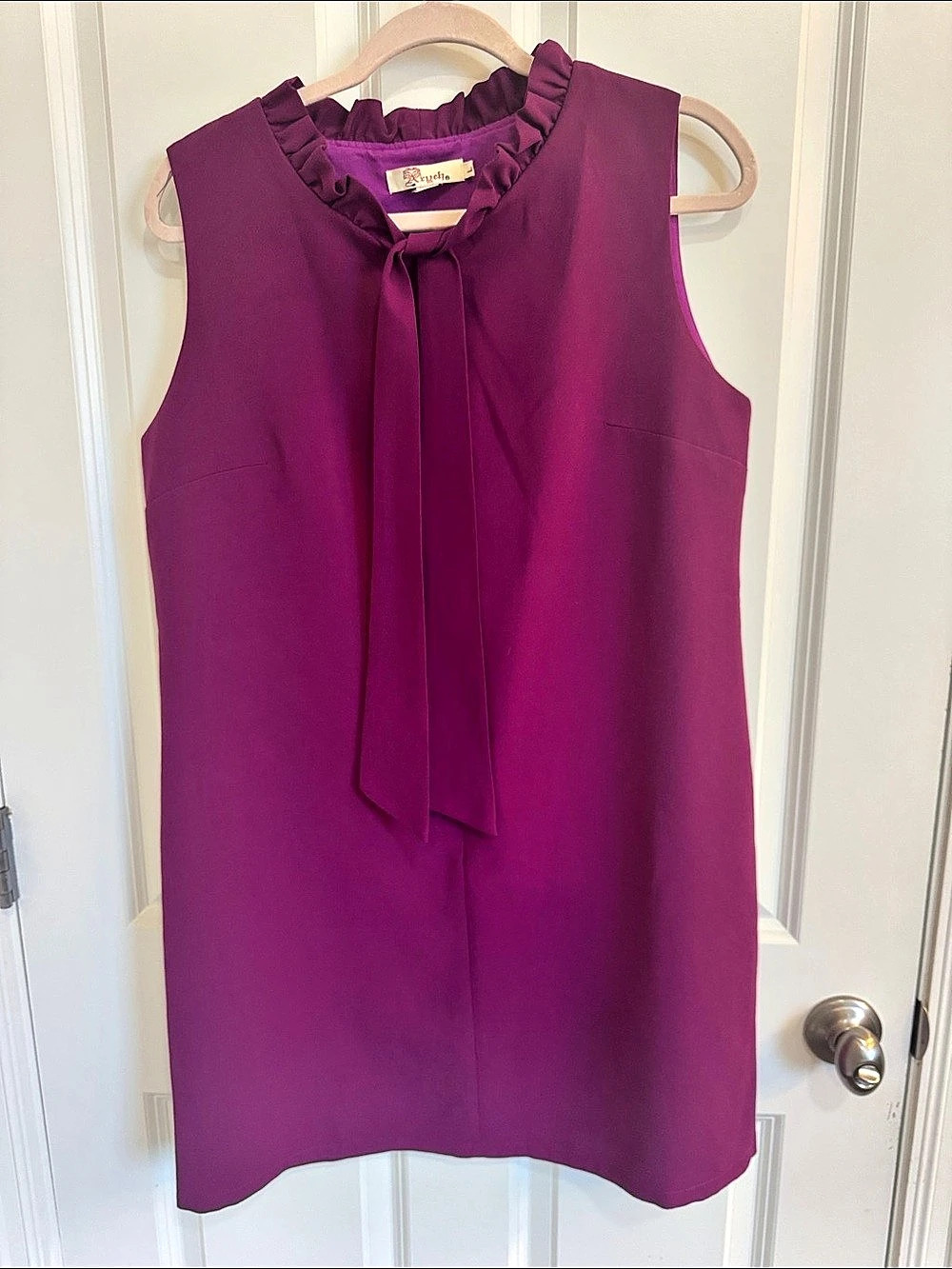 Evelyn Sleeveless vibrant Magenta Ruffle Neck lined Dress Size Large